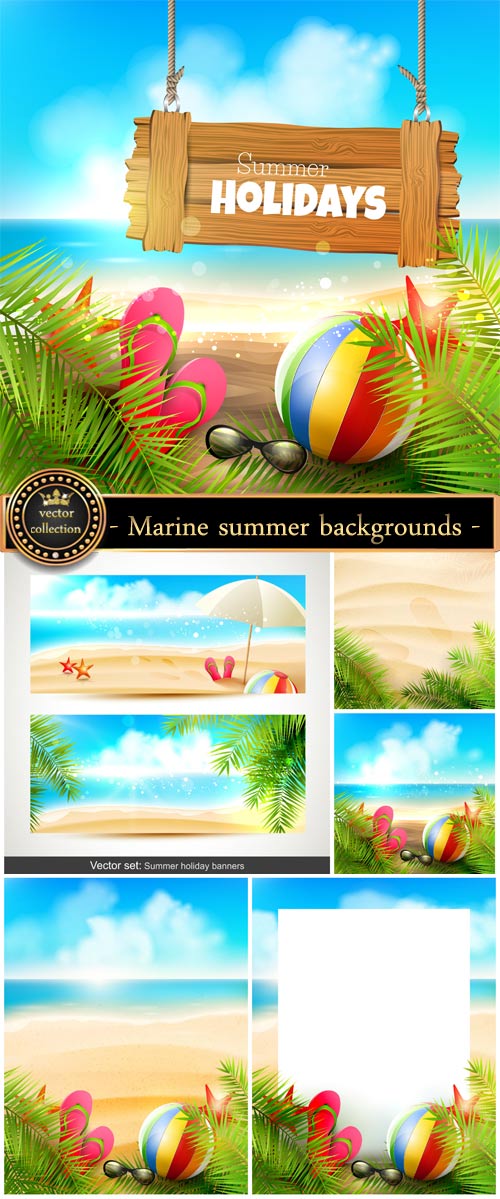 Marine summer backgrounds vector, beach, palm trees