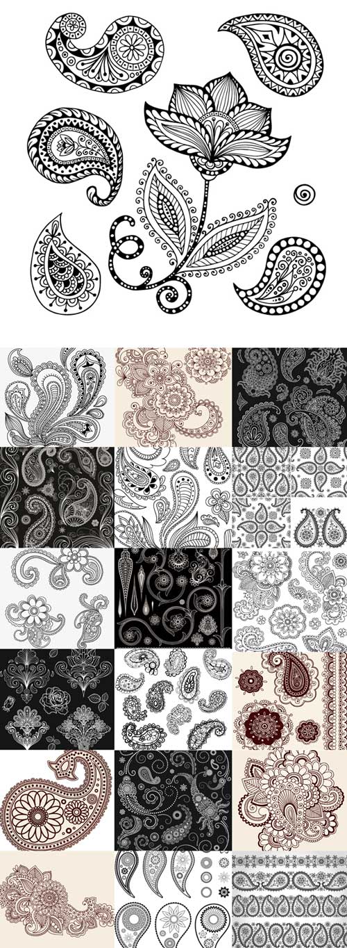 Set of flowers and paisley vector graphics