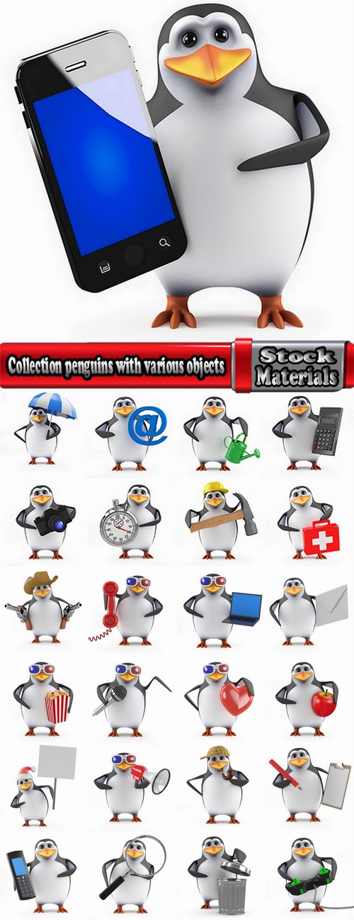 Collection penguins with various objects in flippers smartphone umbrella watches 25 HQ Jpeg