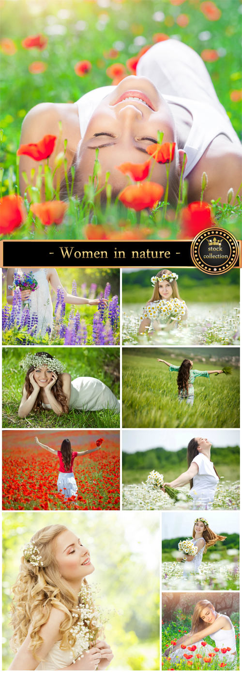Women and the beautiful blooming field - stock photos