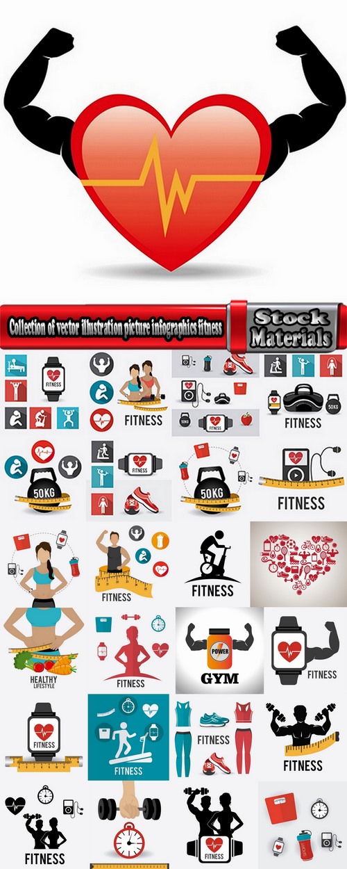 Collection of vector illustration picture infographics fitness poster sticker sport 25 Eps