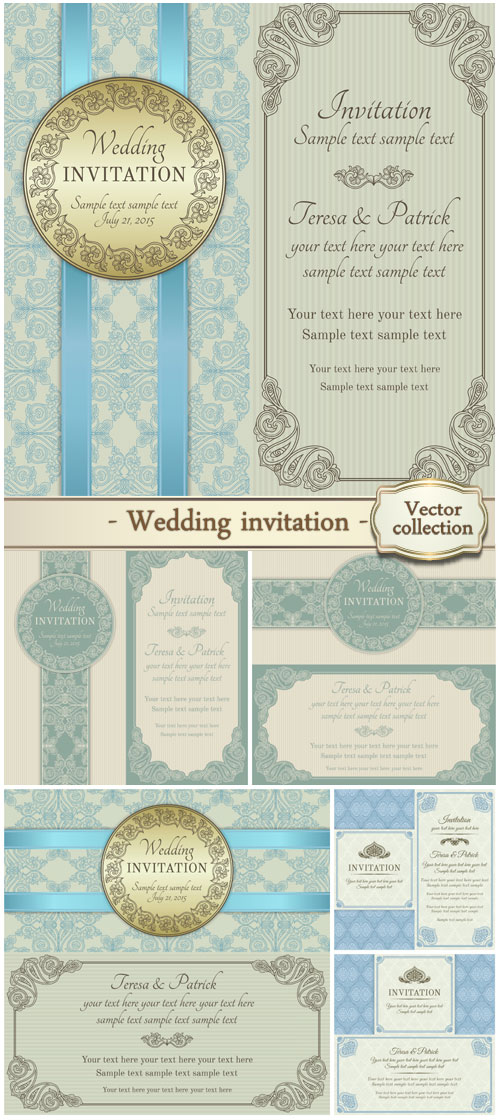 Antique baroque vector wedding invitation with blue ribbon 3