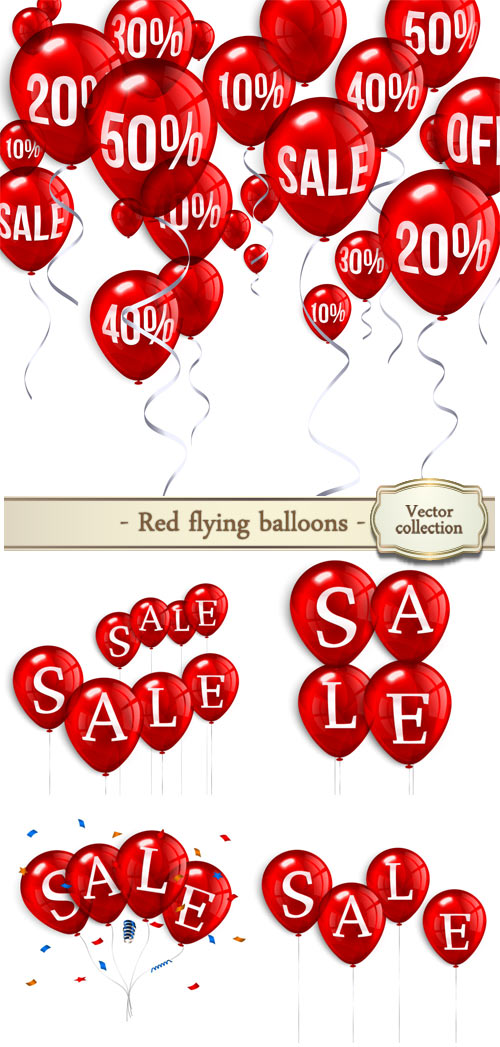 Red flying party balloons with text sale and discount, vector
