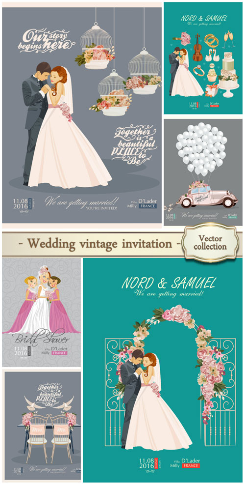 Wedding vintage invitation card template vector with bride and groom