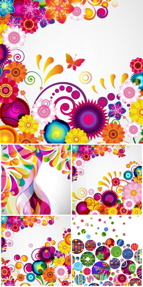 Vector background with flowers, butterflies and patterns